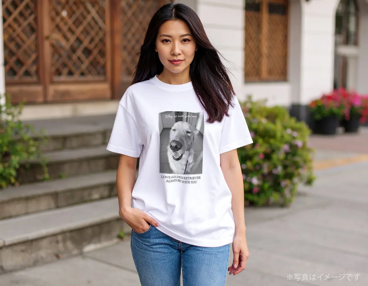 ゴールデンレトリバーTシャツ｜ゴン太シリーズ｜スマイル ホワイト 着用イメージ
