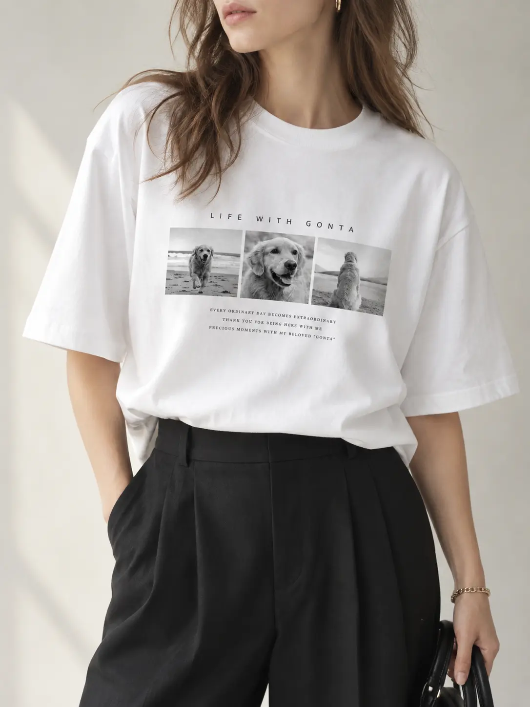 ゴールデンレトリバーTシャツ｜ゴン太シリーズ｜LIFE WITH GONTA ホワイト 着用イメージ
