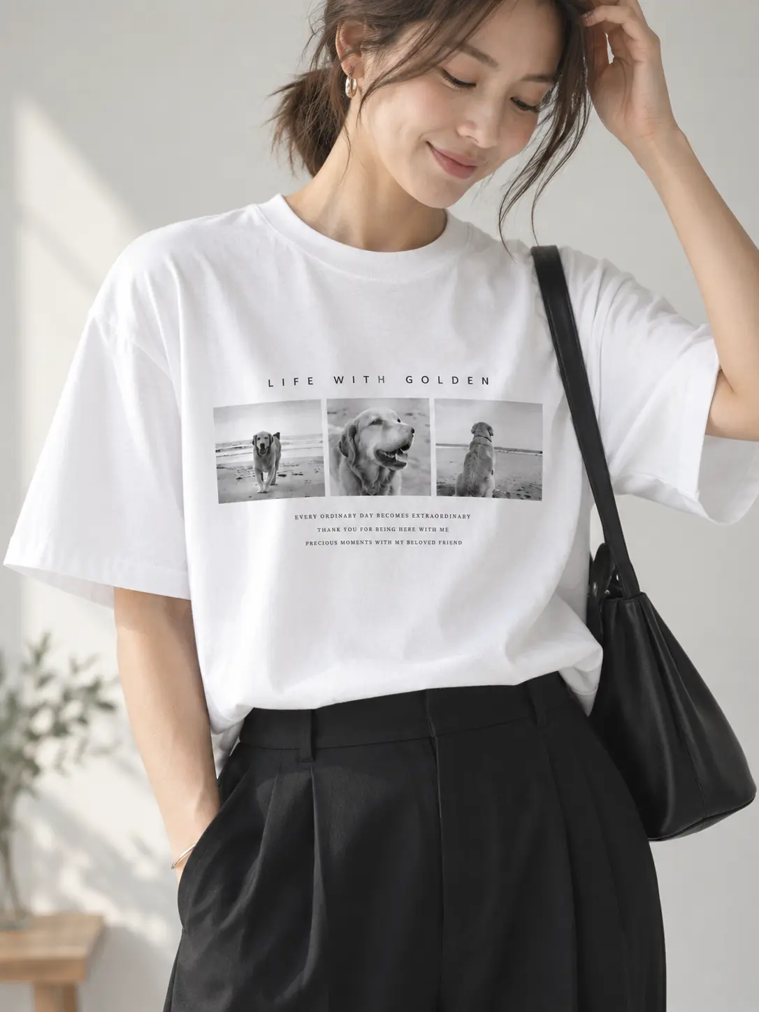 ゴールデンレトリバーTシャツ｜LIFE WITH GOLDEN｜EVERYDAY MOMENTS ホワイト 着用イメージ
